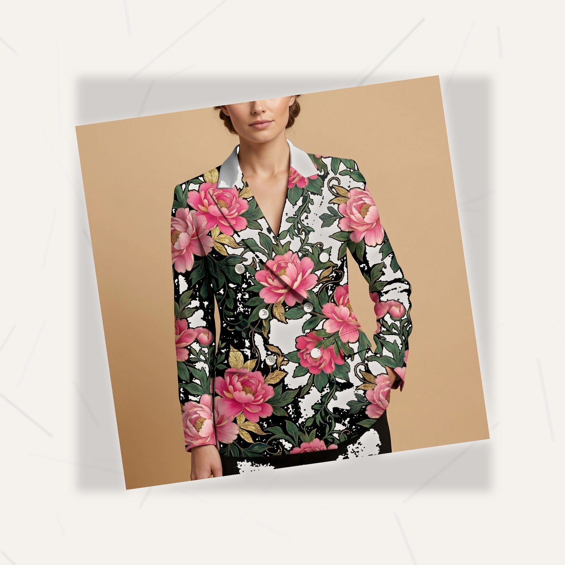 Dark Floral Noir All-Over Print Casual Blazer | Dark Floral Women's Bl — fabric detail closeup, sublimation print quality