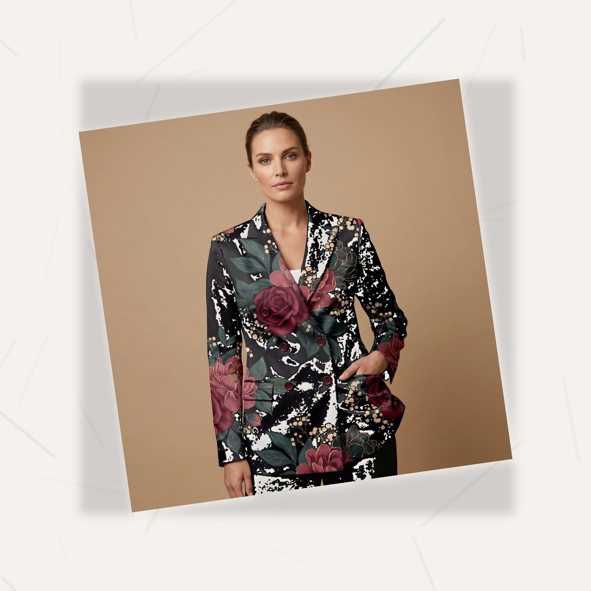 Dark Floral Classic All-Over Print Casual Blazer | Dark Floral Women's — fabric detail closeup, sublimation print quality