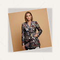 Whimsigoth Midnight All-Over Print Casual Blazer | Whimsigoth Women's — fabric detail closeup, sublimation print quality