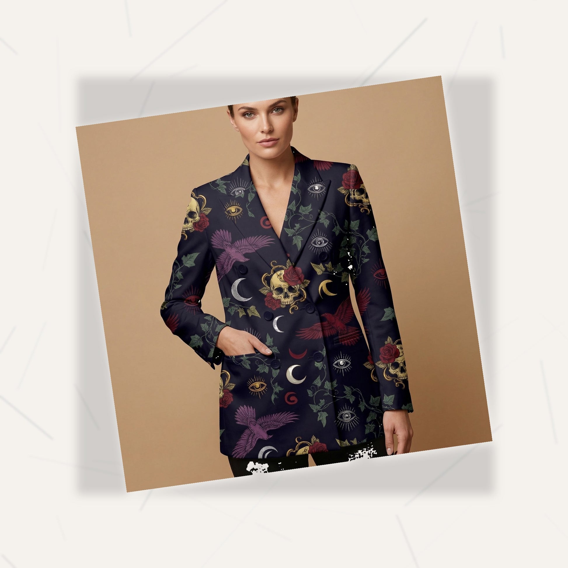Whimsigoth Eclipse All-Over Print Casual Blazer | Whimsigoth Women's B — fabric detail closeup, sublimation print quality