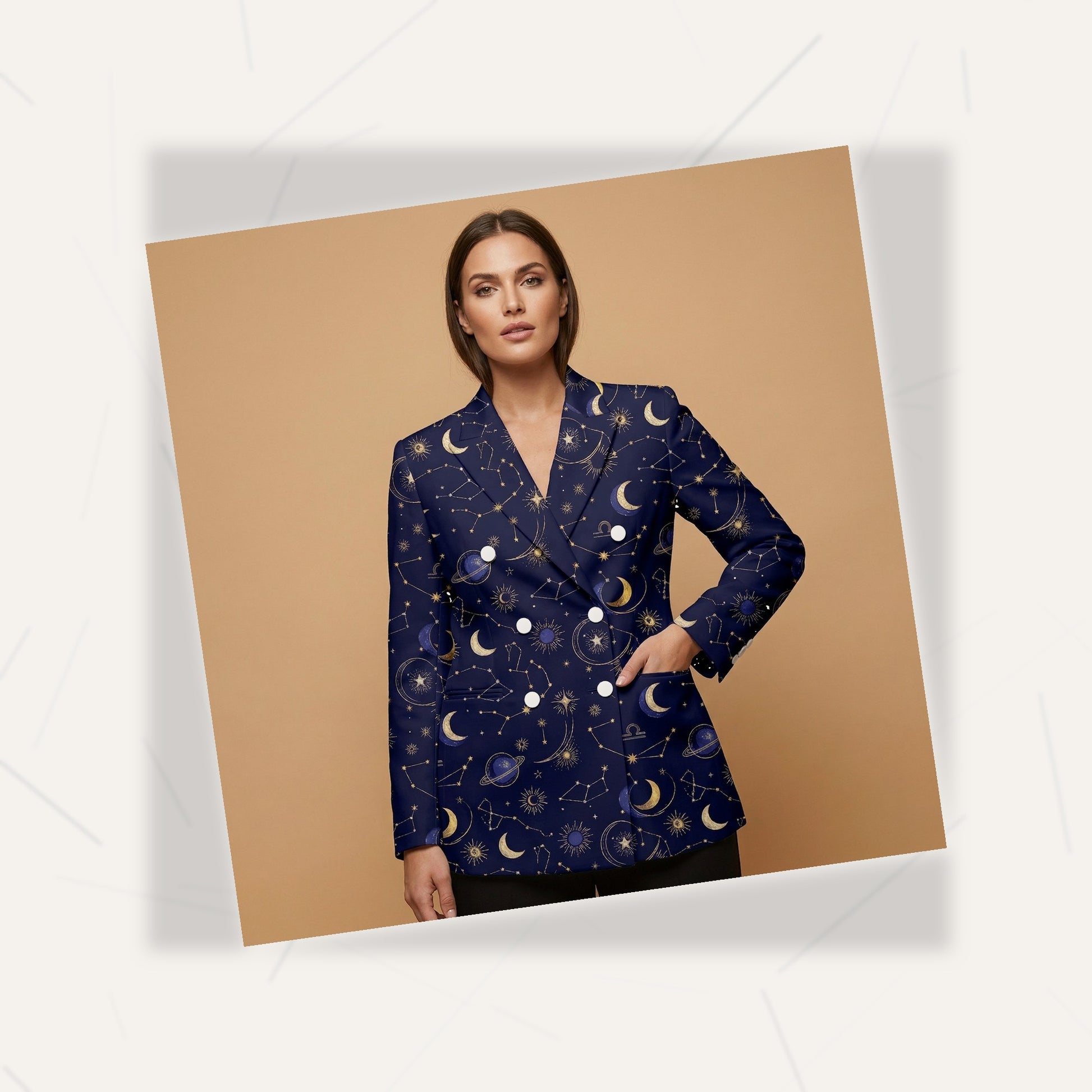 Celestial Midnight All-Over Print Casual Blazer | Celestial Women's Bl — fabric detail closeup, sublimation print quality