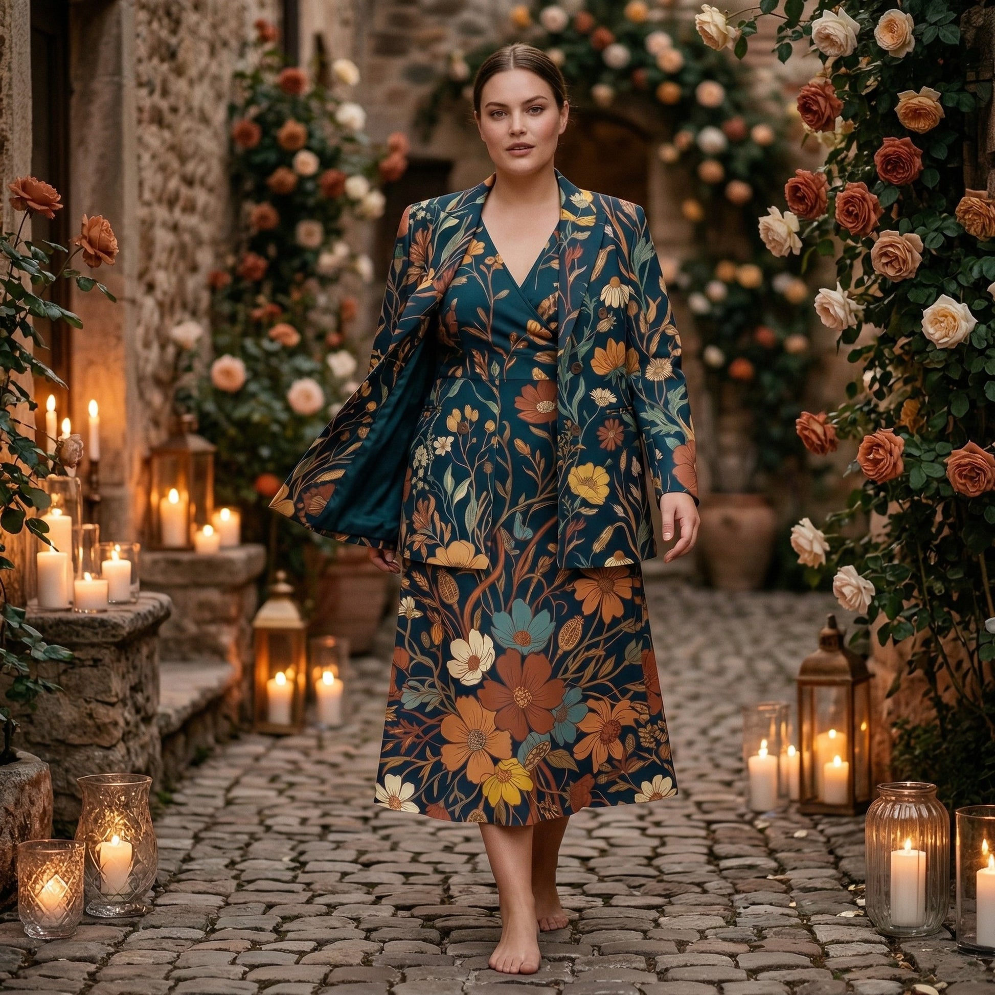 Dark Floral Rose (Variant A) Blazer + Dress Set | Dark Floral Matching — lifestyle editorial setting