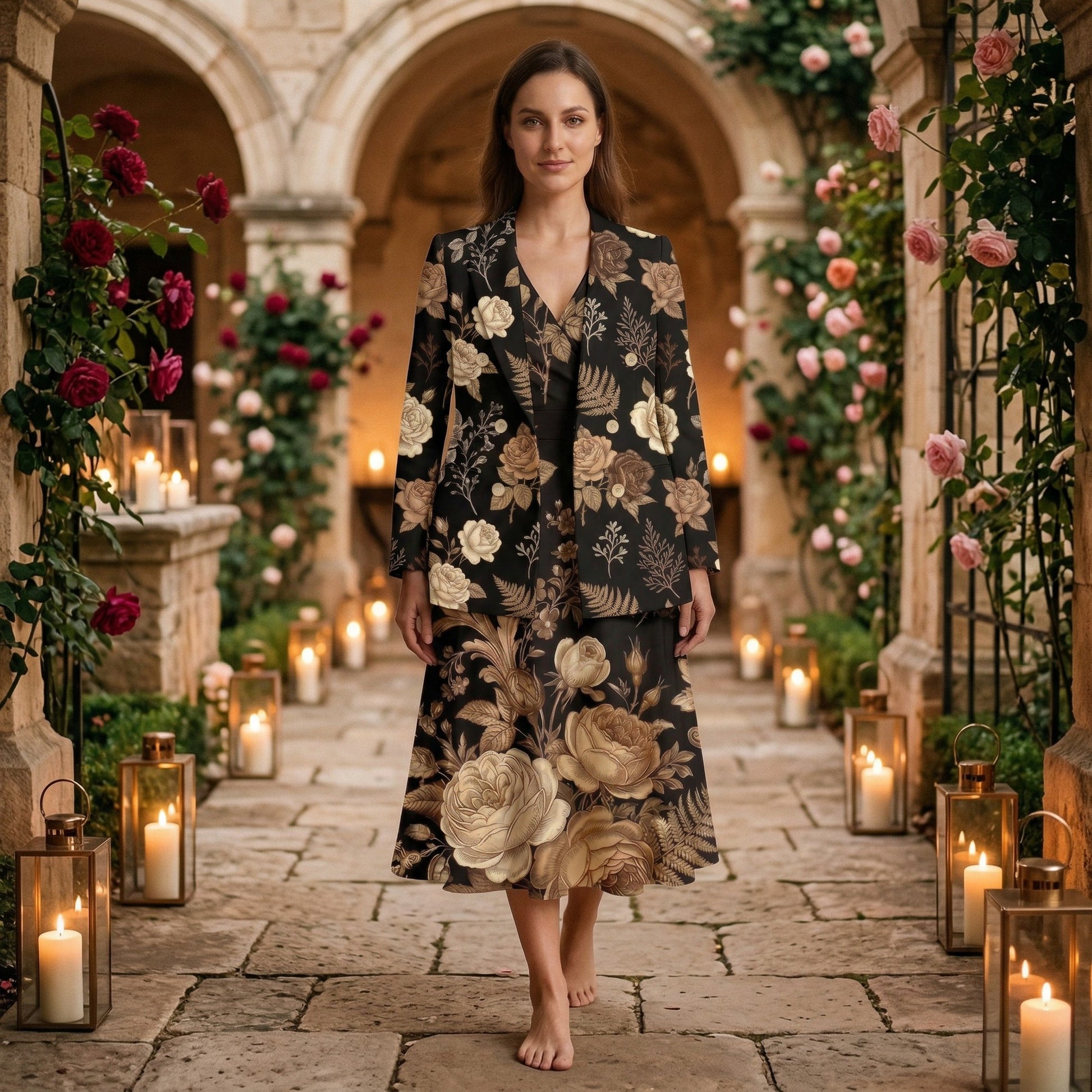 Dark Floral Garden (Variant A) Blazer + Dress Set | Dark Floral Matchi — lifestyle editorial setting