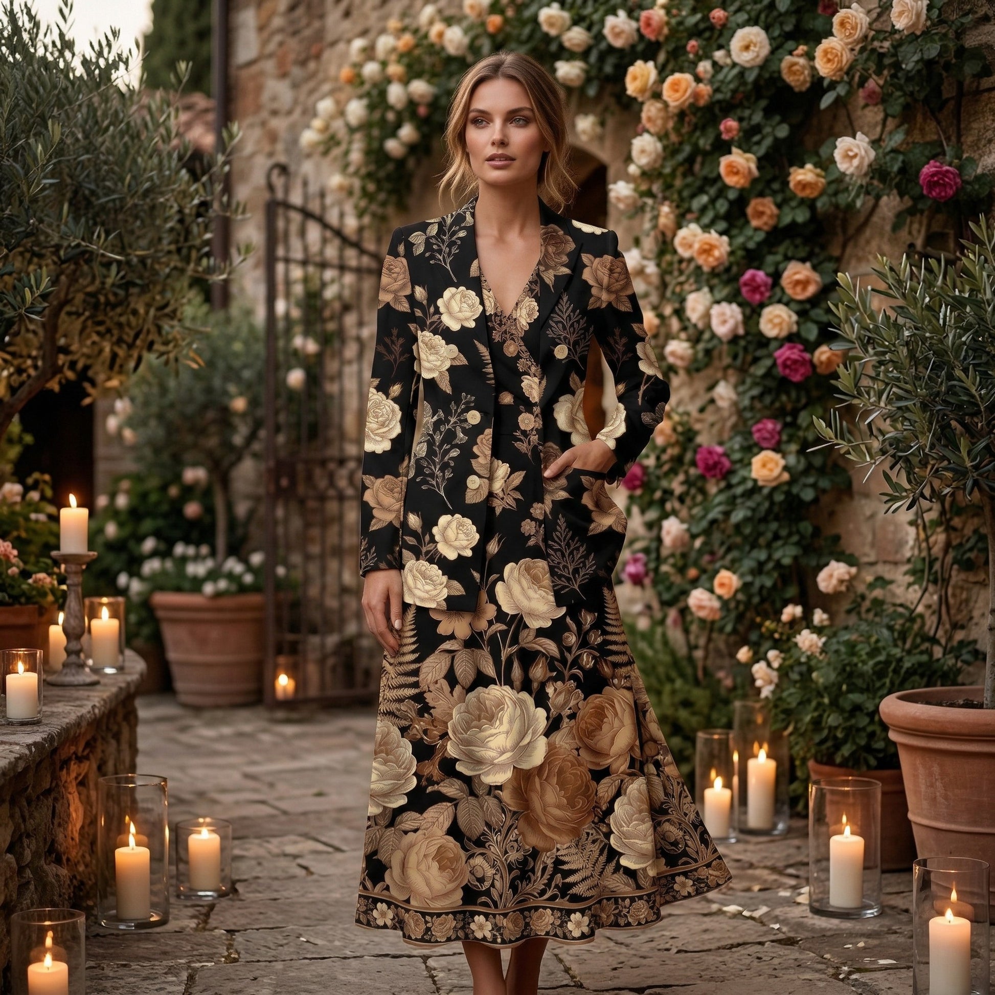 Dark Floral Garden (Variant B) Blazer + Dress Set | Dark Floral Matchi — lifestyle editorial setting