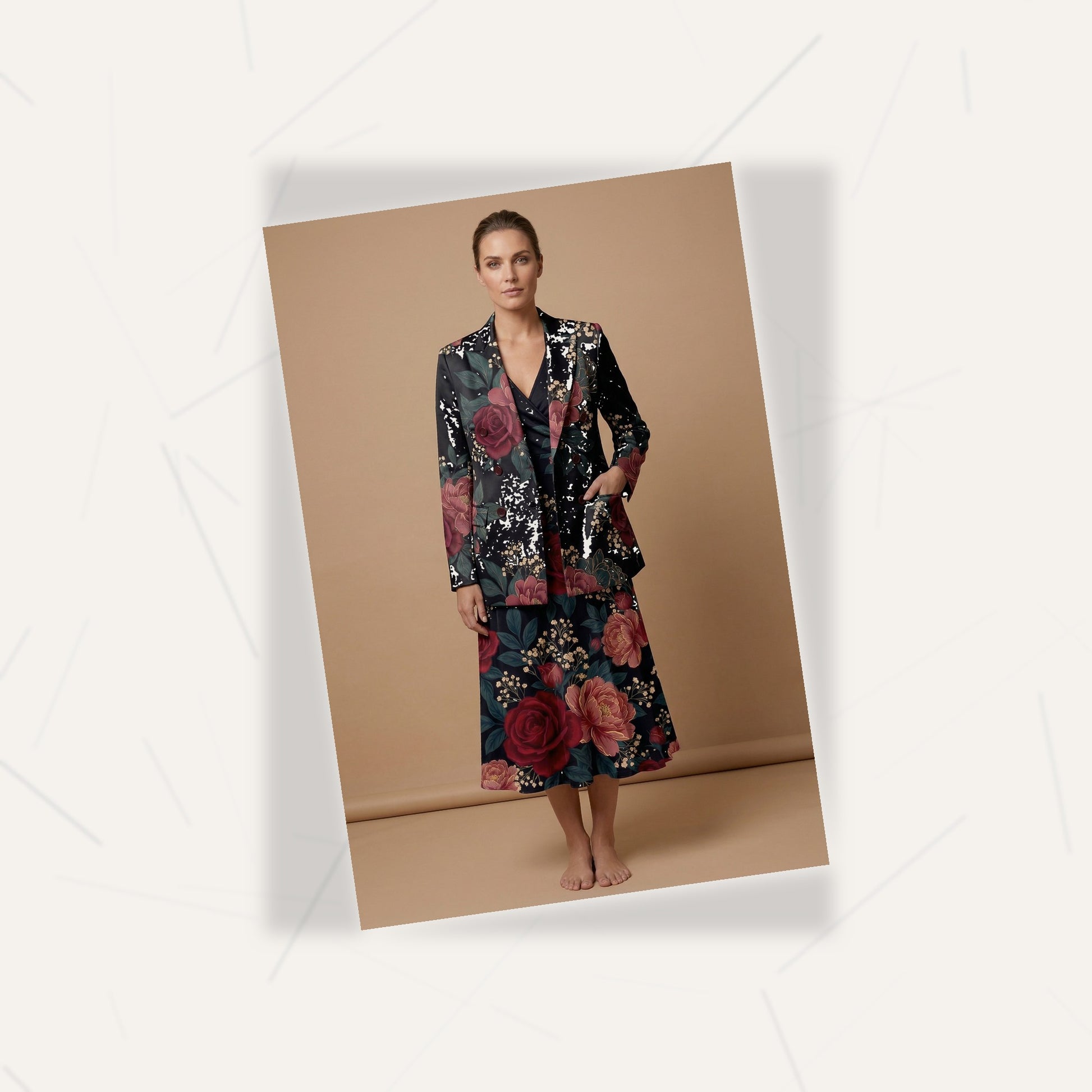 Dark Floral Classic (Variant A) Blazer + Dress Set | Dark Floral Match — flat lay presentation on marble surface