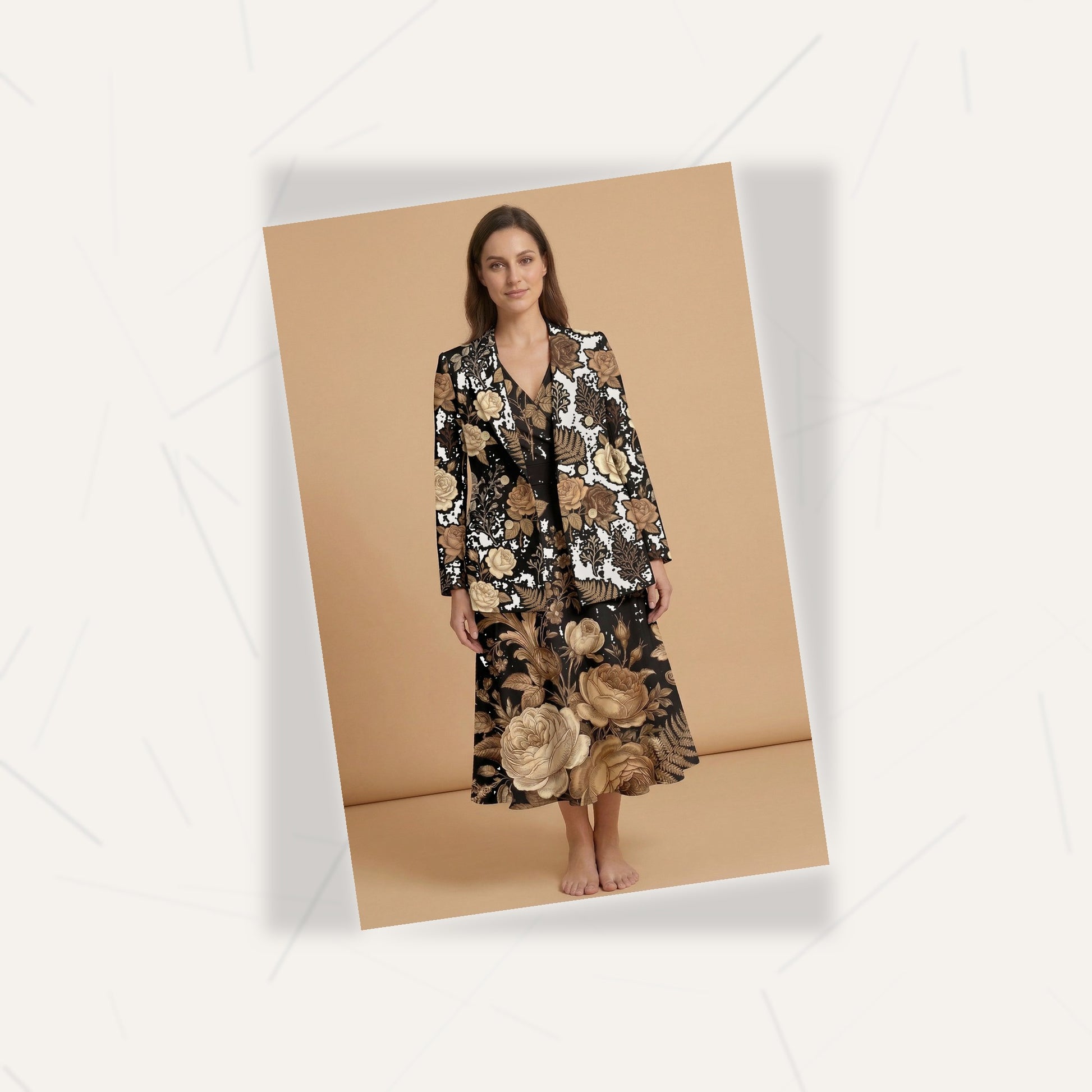 Dark Floral Garden (Variant A) Blazer + Dress Set | Dark Floral Matchi — flat lay presentation on marble surface