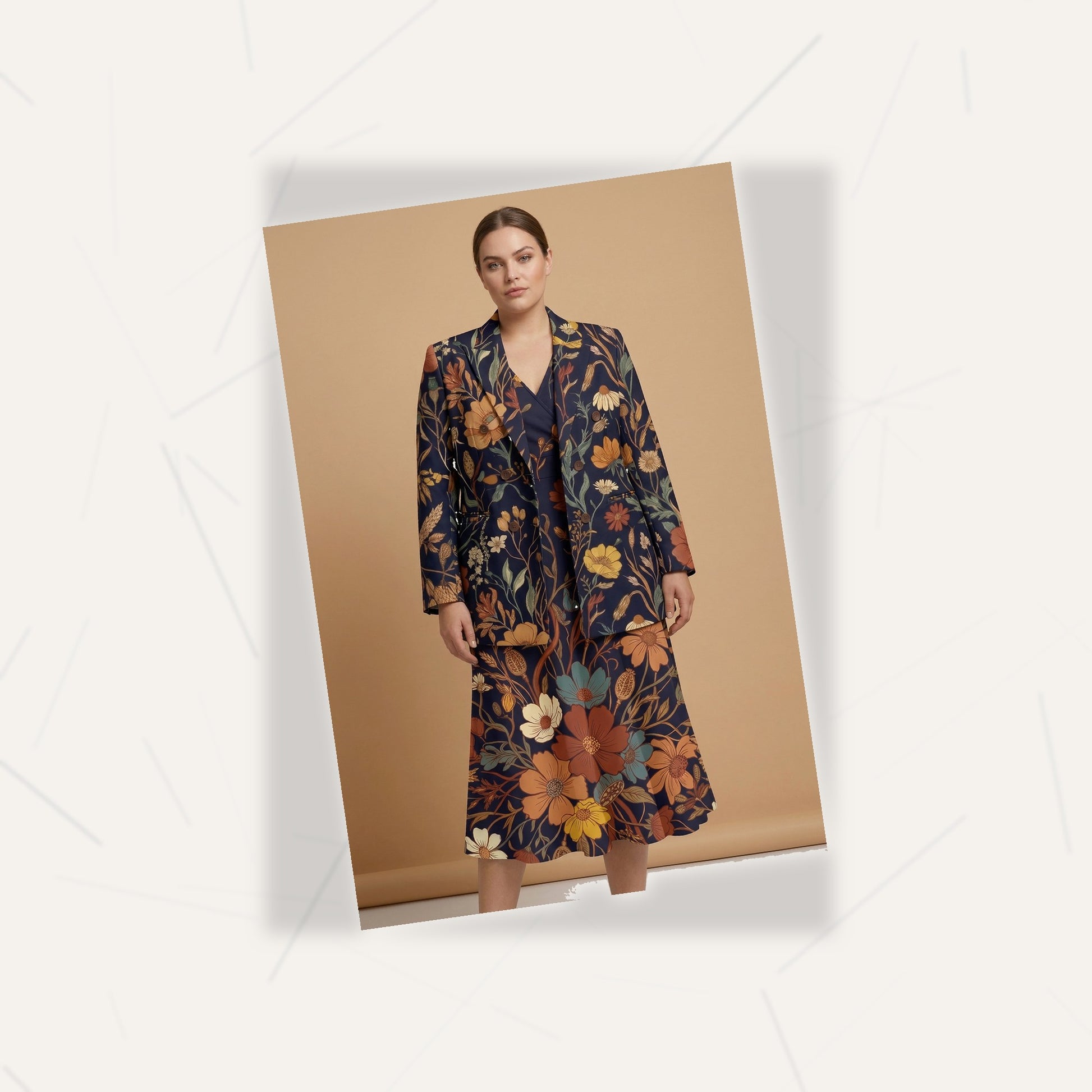 Dark Floral Rose (Variant A) Blazer + Dress Set | Dark Floral Matching — flat lay presentation on marble surface