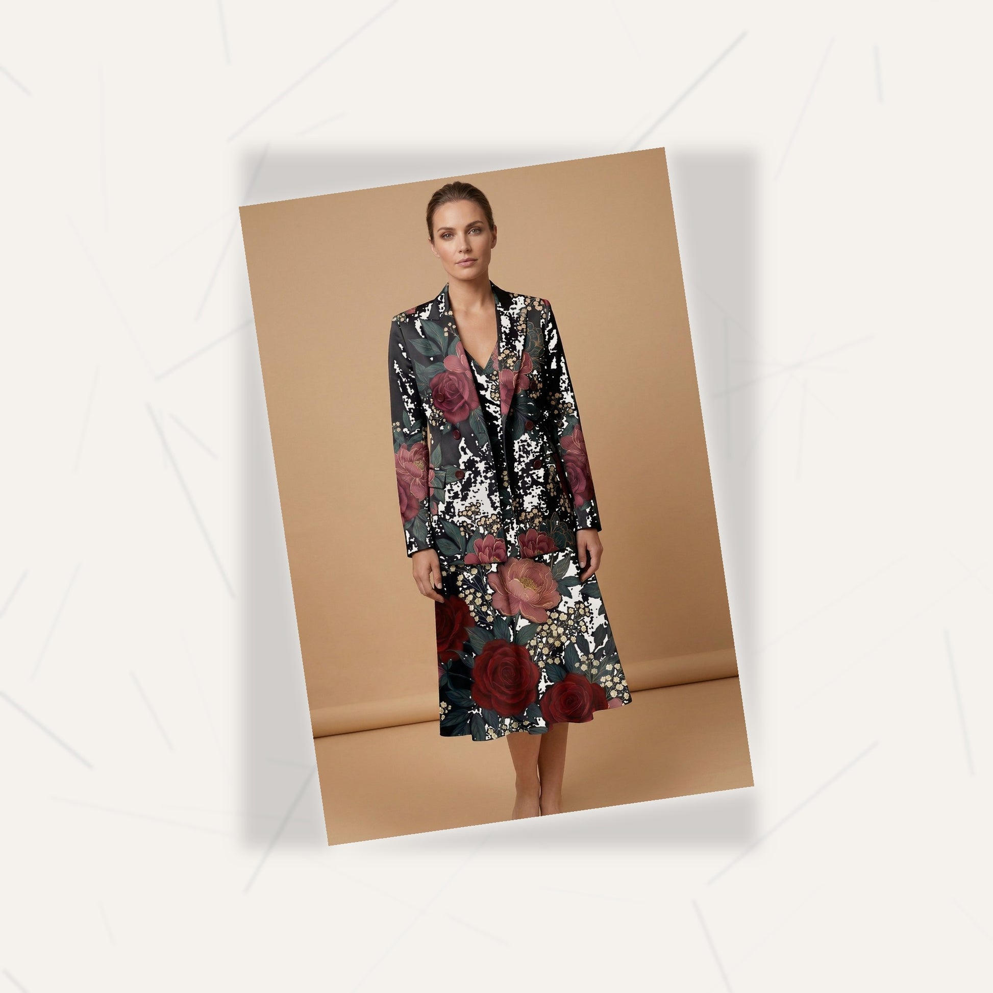 Dark Floral Classic (Variant B) Blazer + Dress Set | Dark Floral Match — flat lay presentation on marble surface