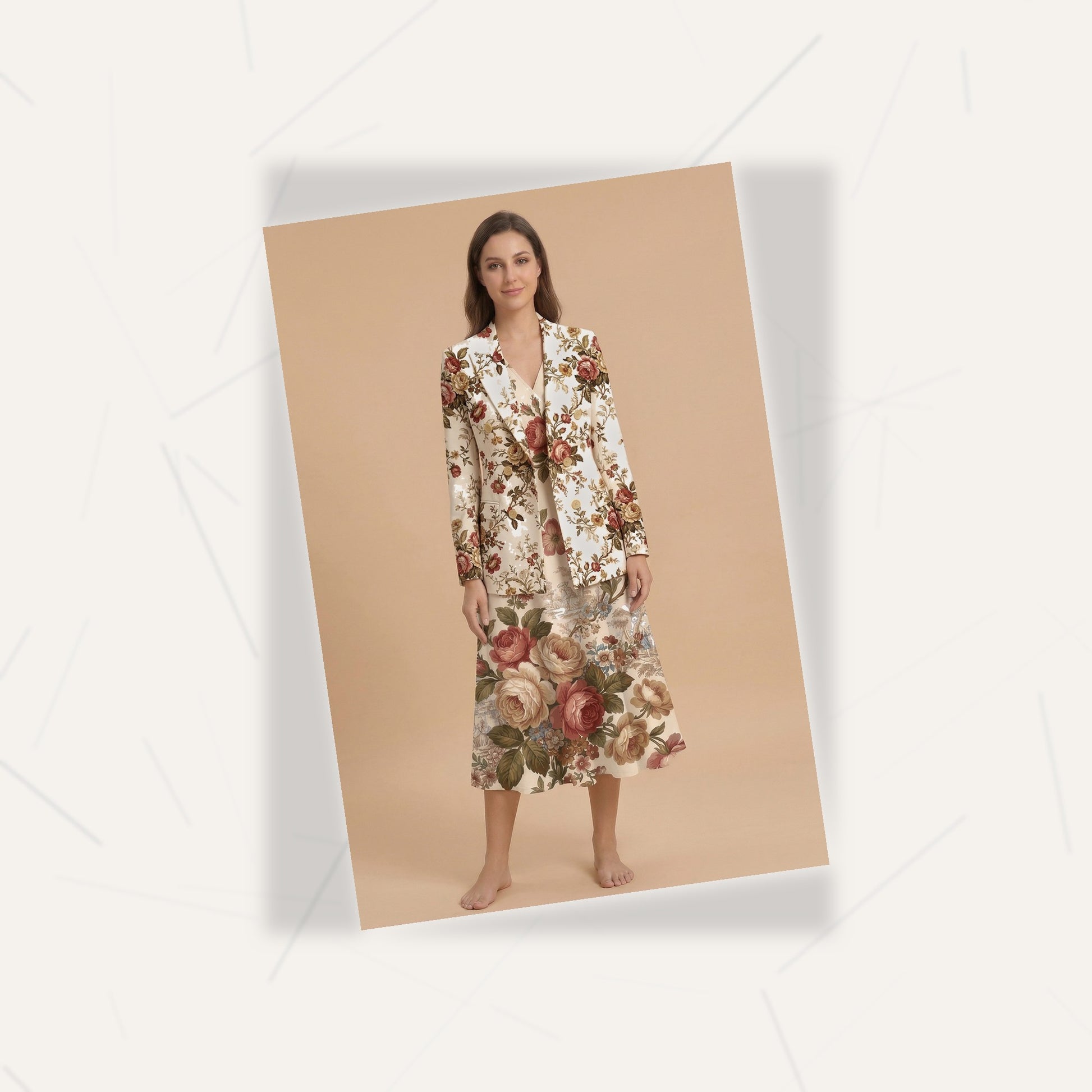 Vintage Floral Blazer + Dress Set | Vintage Floral Matching Outfit — flat lay presentation on marble surface