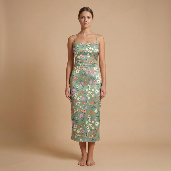 Garden Party spaghetti strap dress front view - boho floral all over print fashion