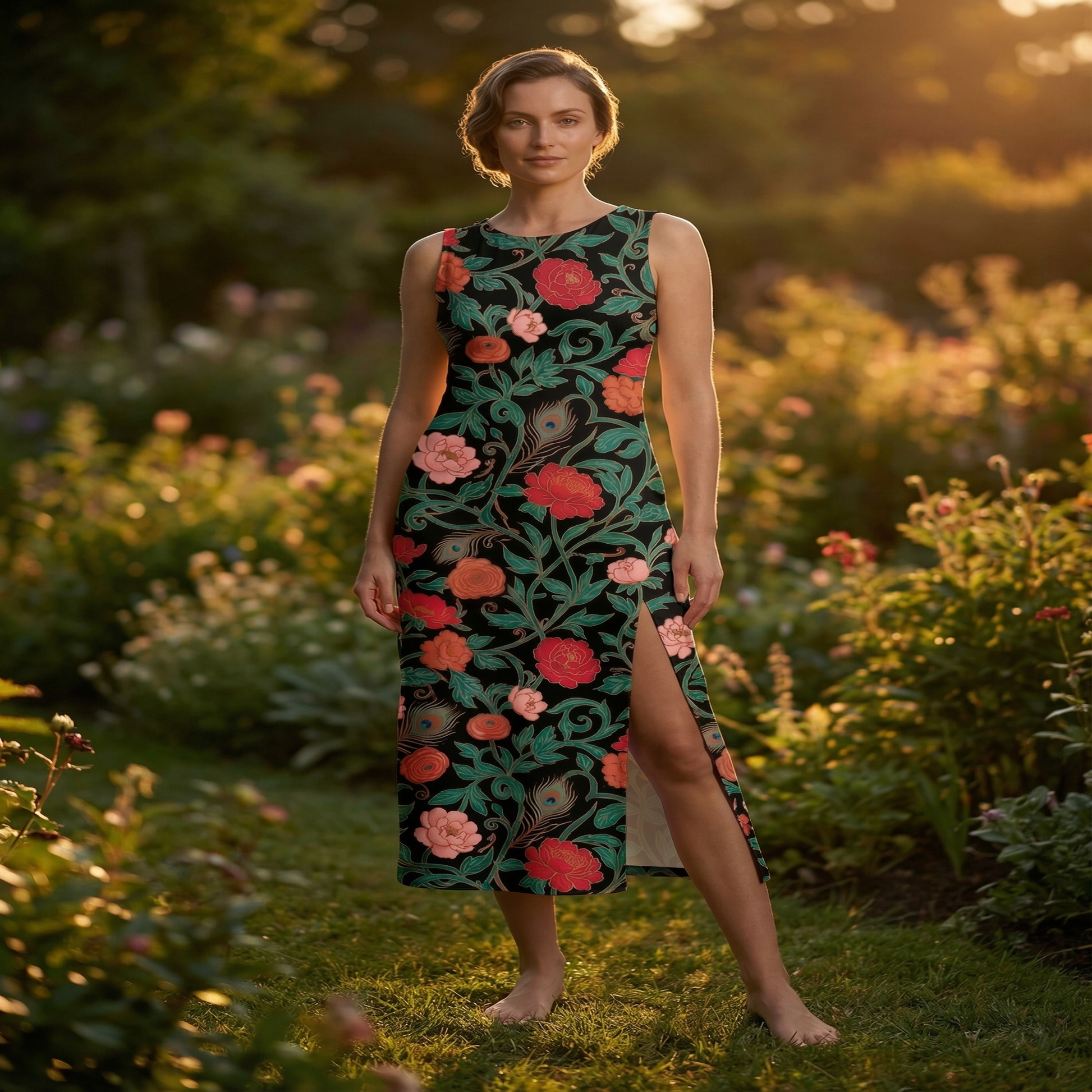 Dark Garden Tapestry Side Slit Dress | All Over Print Dark Floral Fashion — view 4