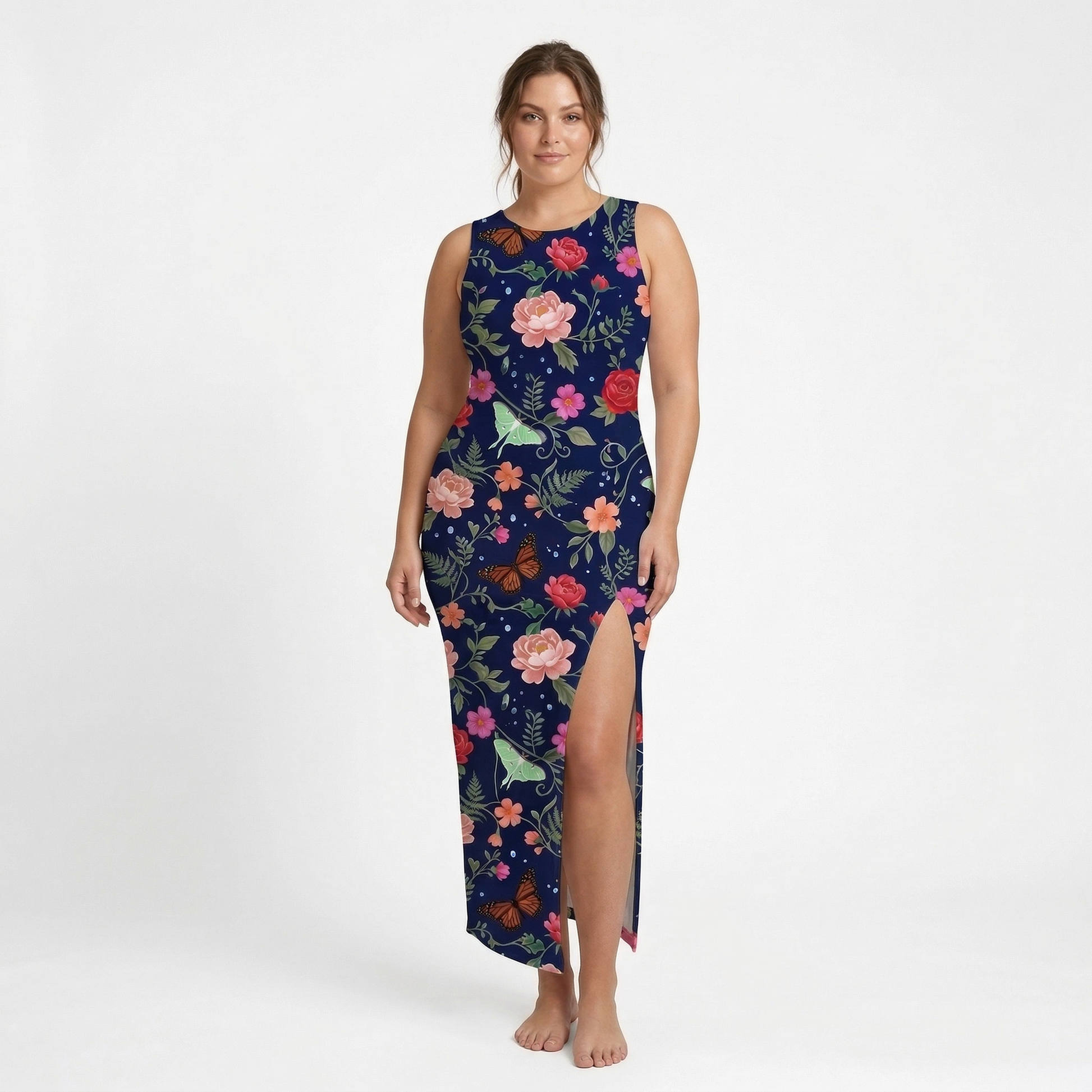 Noir Rose & Butterfly Side Slit Dress | All Over Print Dark Floral Fashion — view 6