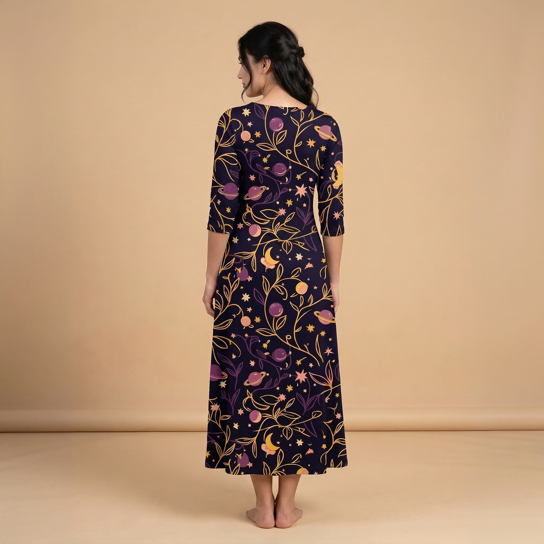 Cosmic Garden 3/4 Sleeve Maxi Dress | All Over Print Celestial Fashion — view 1