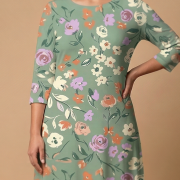 Garden Party 3/4 sleeve maxi dress movement shot - boho floral sublimation print dress
