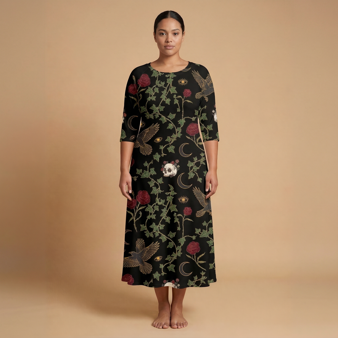 Raven & Roses 3/4 Sleeve Maxi Dress | All Over Print Whimsigoth Fashion — view 1