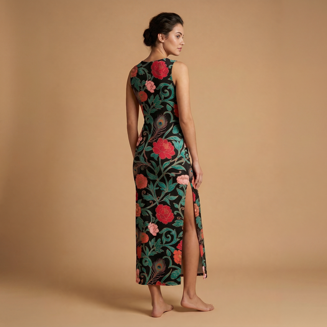 Dark Garden Tapestry Side Slit Dress | All Over Print Dark Floral Fashion — view 1