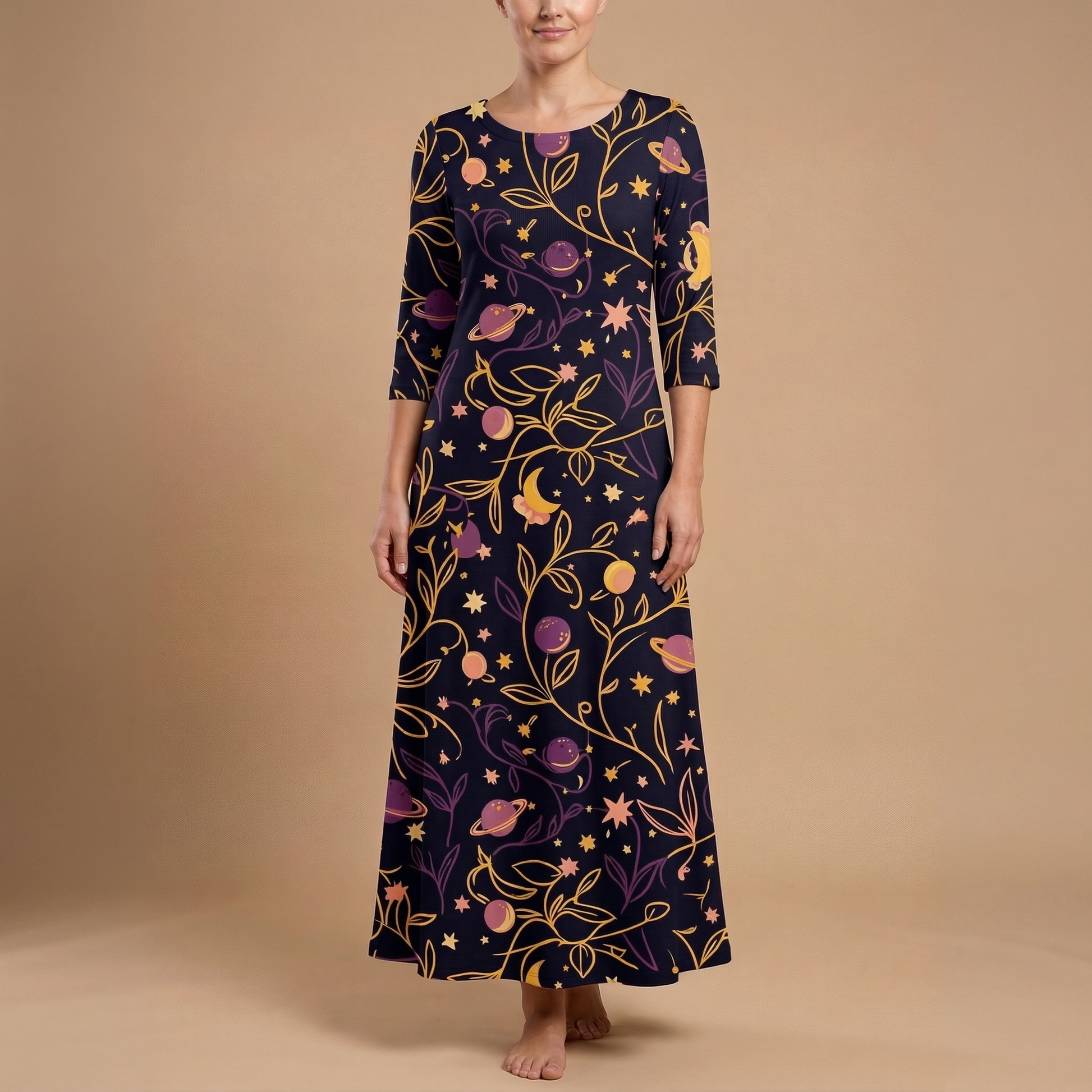 Cosmic Garden 3/4 Sleeve Maxi Dress | All Over Print Celestial Fashion — view 1