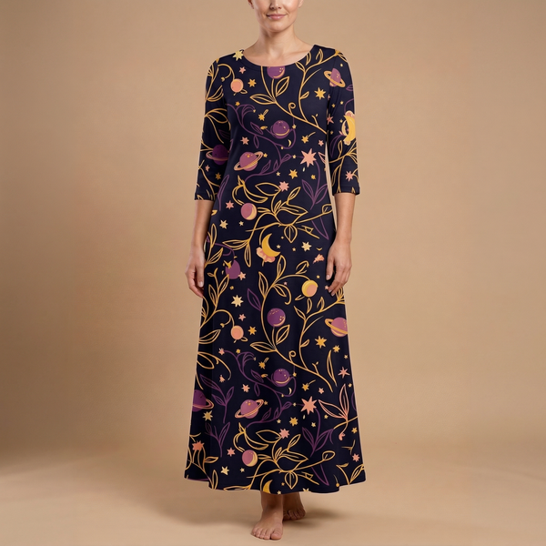 Cosmic Garden 3/4 sleeve maxi dress front view - celestial all over print fashion
