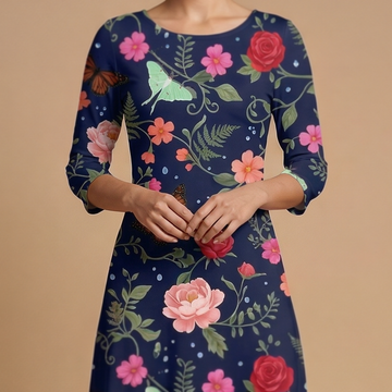 Noir Rose & Butterfly 3/4 sleeve maxi dress movement shot - dark floral sublimation print dress