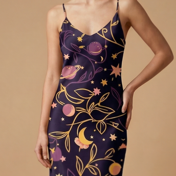 Cosmic Garden sleeveless maxi dress movement shot - celestial sublimation print dress