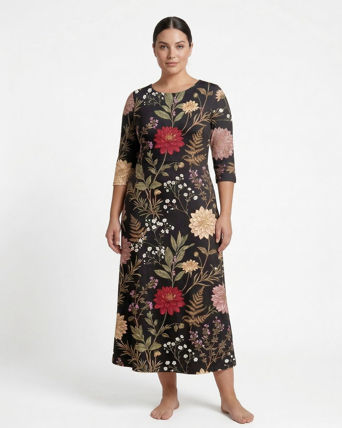 Moonlit Dahlia 3/4 sleeve maxi dress on model, front view, white background