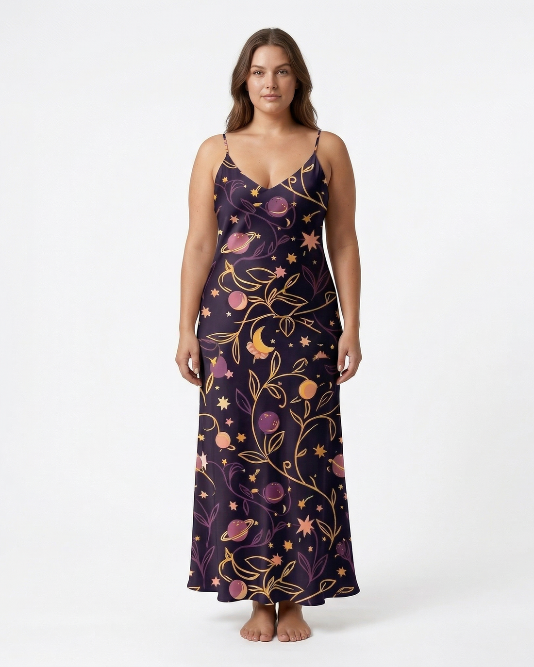 Cosmic Garden sleeveless maxi dress on model, front view, white background