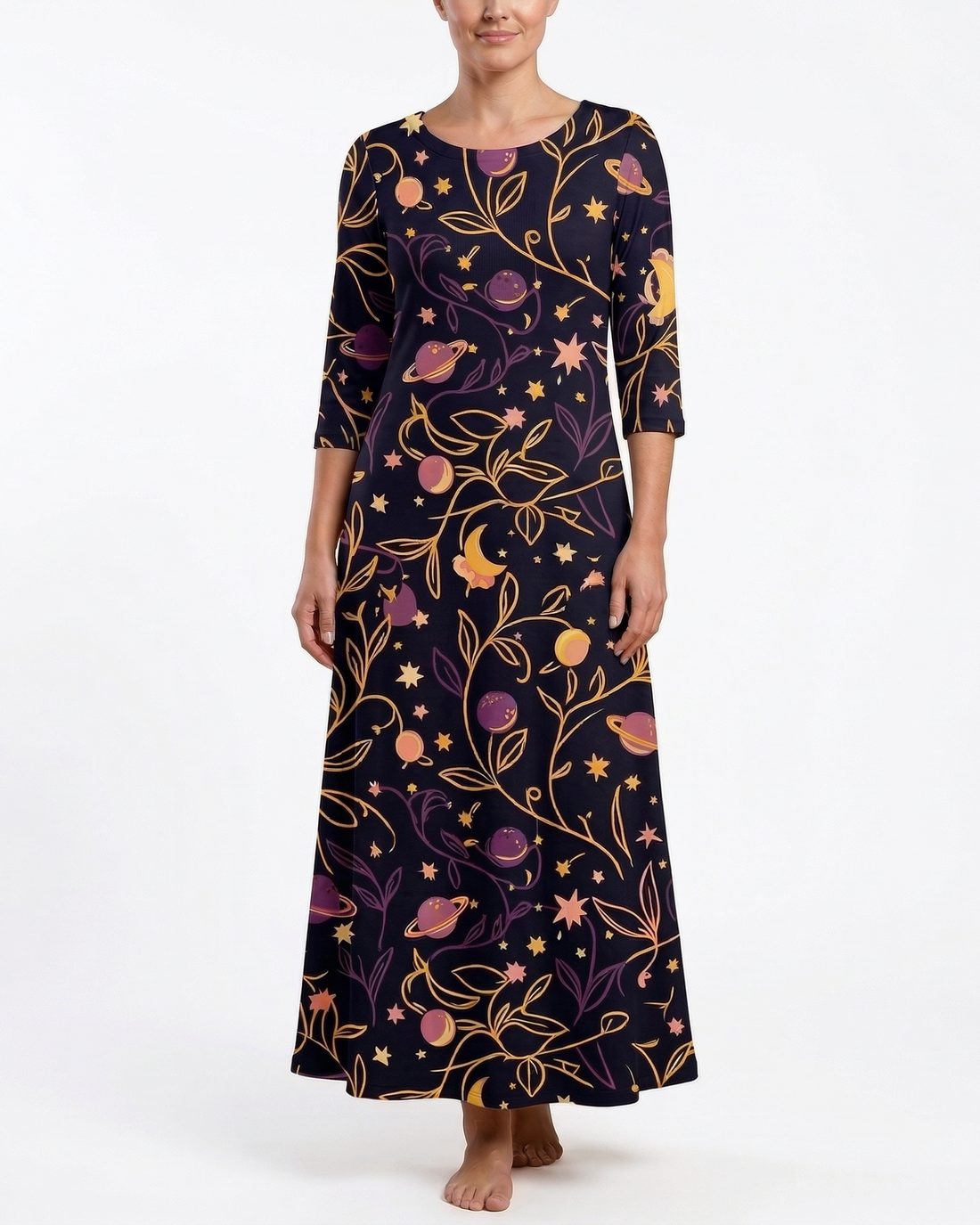Cosmic Garden 3/4 sleeve maxi dress on model, front view, white background
