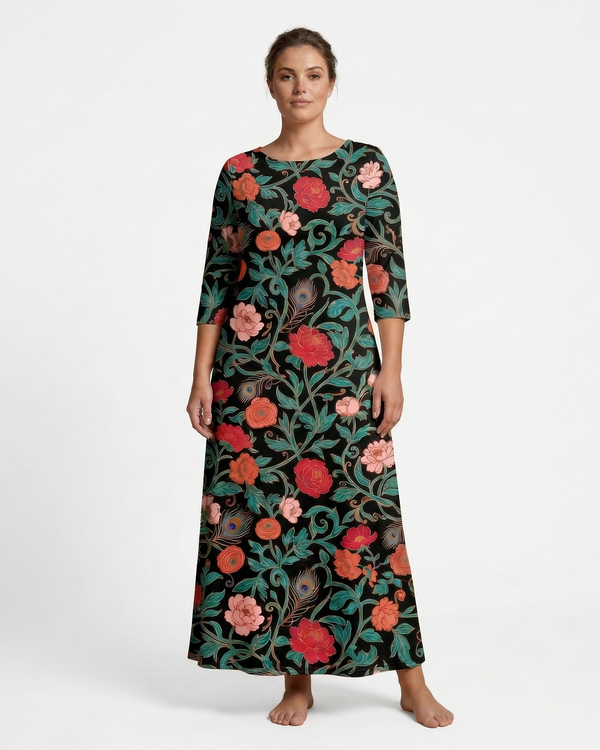 Dark Garden 3/4 sleeve maxi dress on model, front view, white background