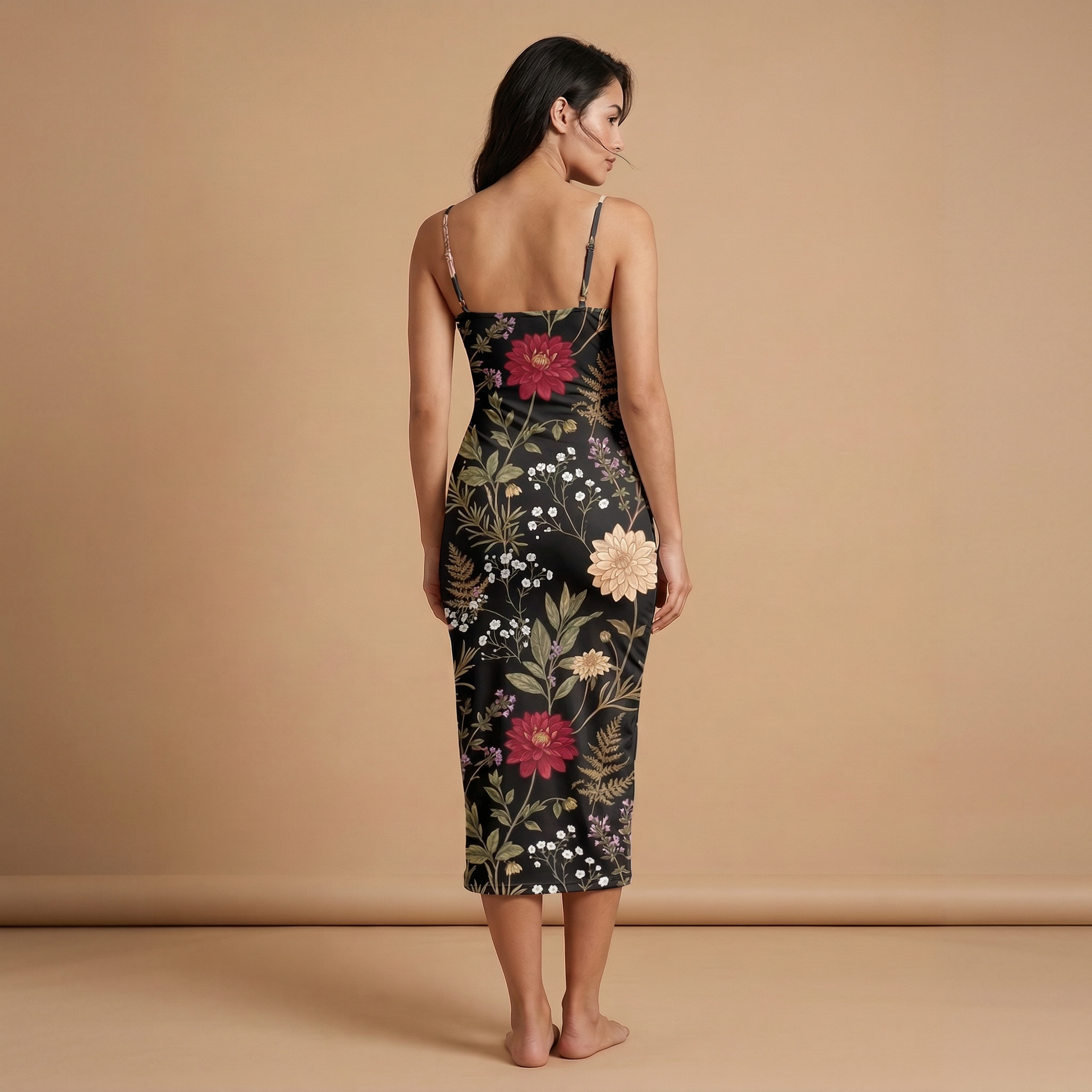 Moonlit Dahlia Spaghetti Strap Dress | All Over Print Dark Floral Fashion — view 2