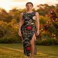 Moonlit Dahlia Side Slit Dress | All Over Print Dark Floral Fashion — view 4