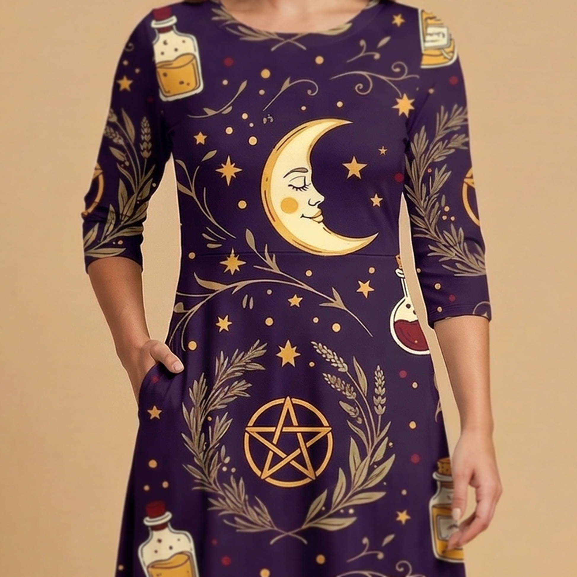 Celestial Witch 3/4 Sleeve Maxi Dress | All Over Print Whimsigoth Fashion — view 5