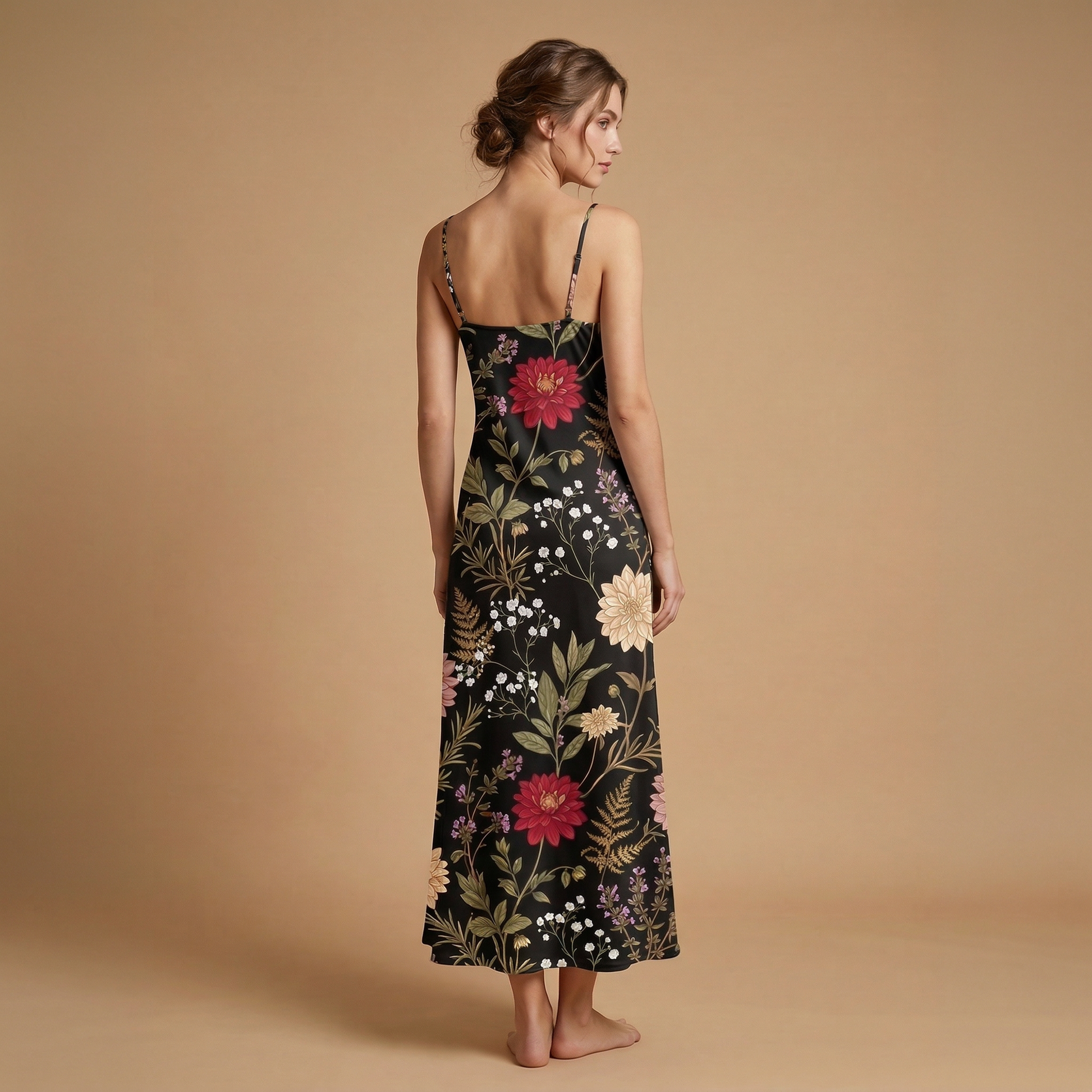 Moonlit Dahlia Sleeveless Maxi Dress | All Over Print Dark Floral Fashion — view 2