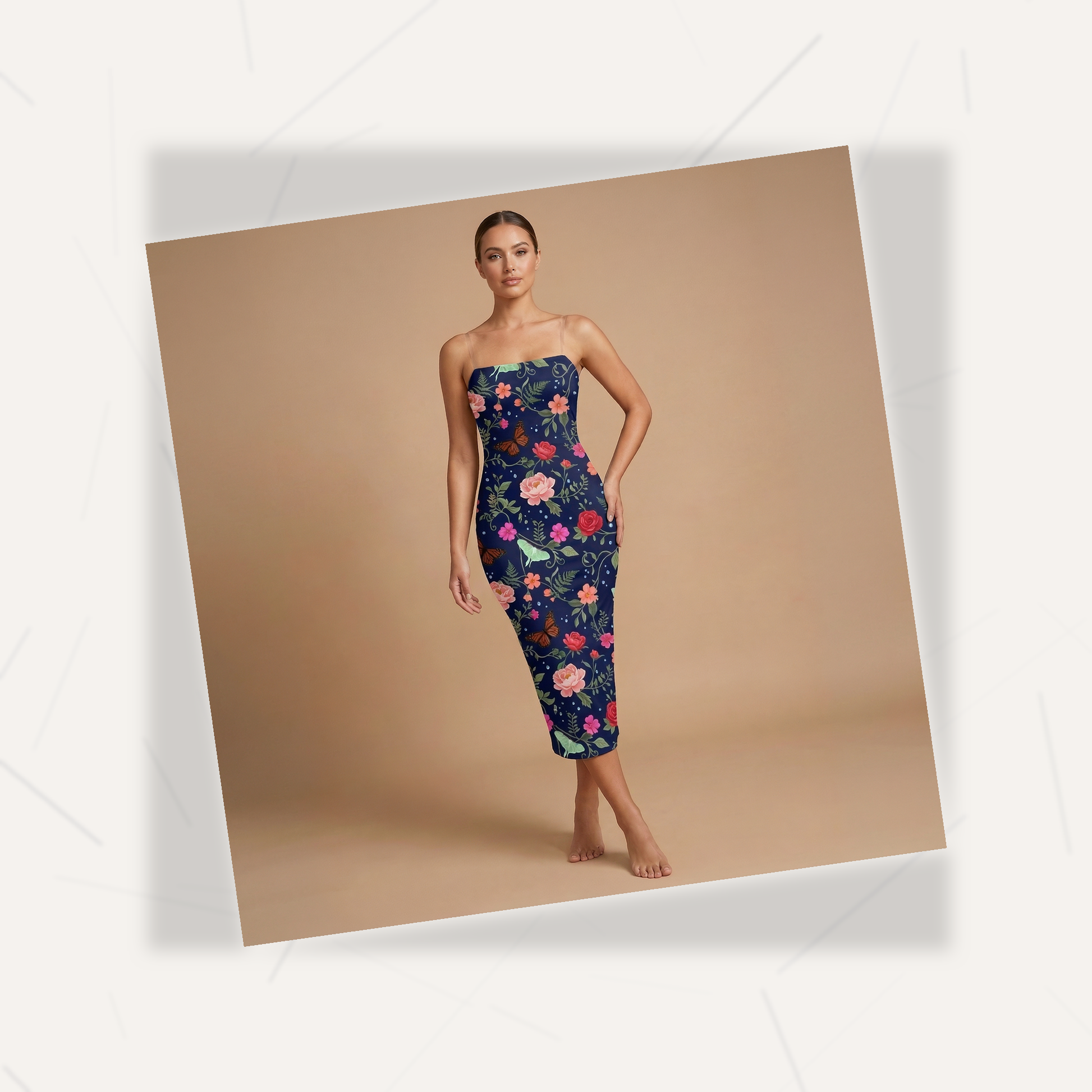 Noir Rose & Butterfly Spaghetti Strap Dress | All Over Print Dark Floral Fashion — view 7