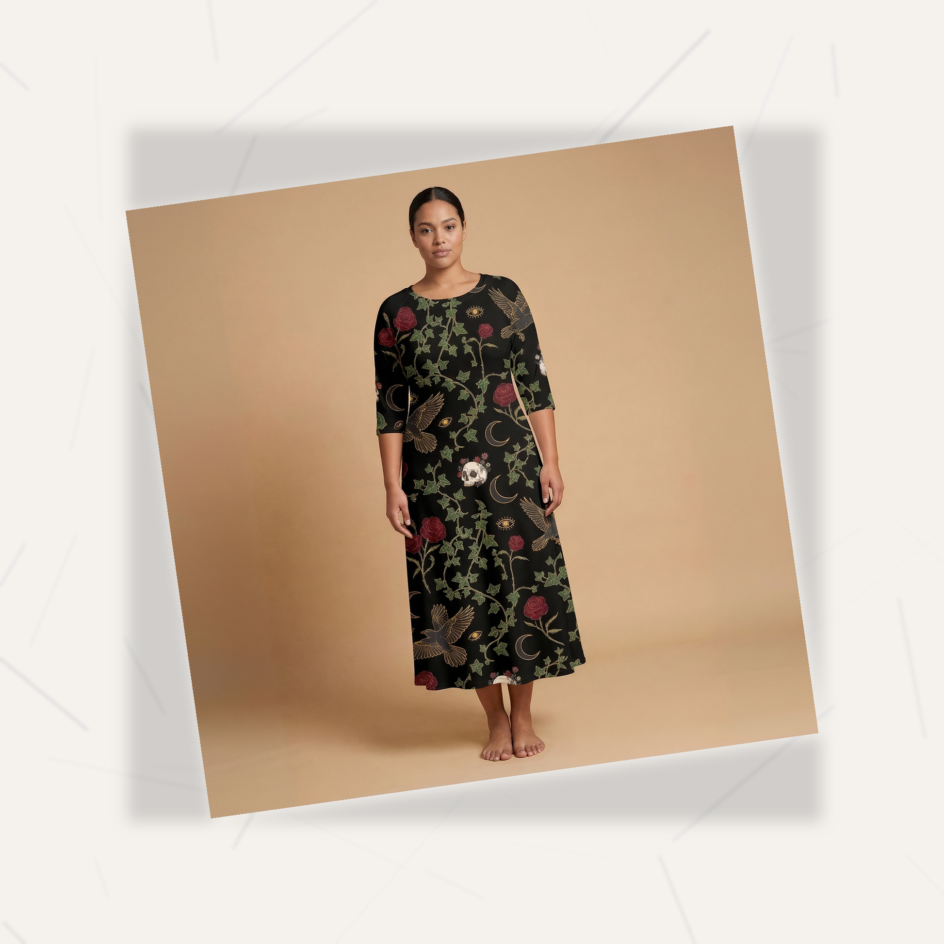 Raven & Roses 3/4 Sleeve Maxi Dress | All Over Print Whimsigoth Fashion — view 7