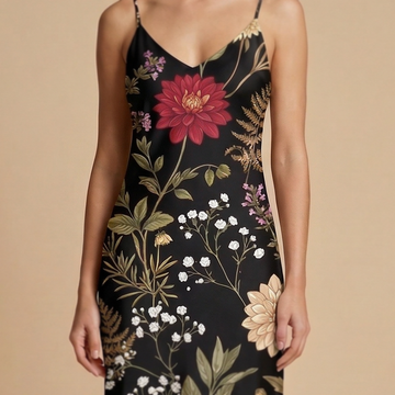 Moonlit Dahlia sleeveless maxi dress movement shot - dark floral sublimation print dress