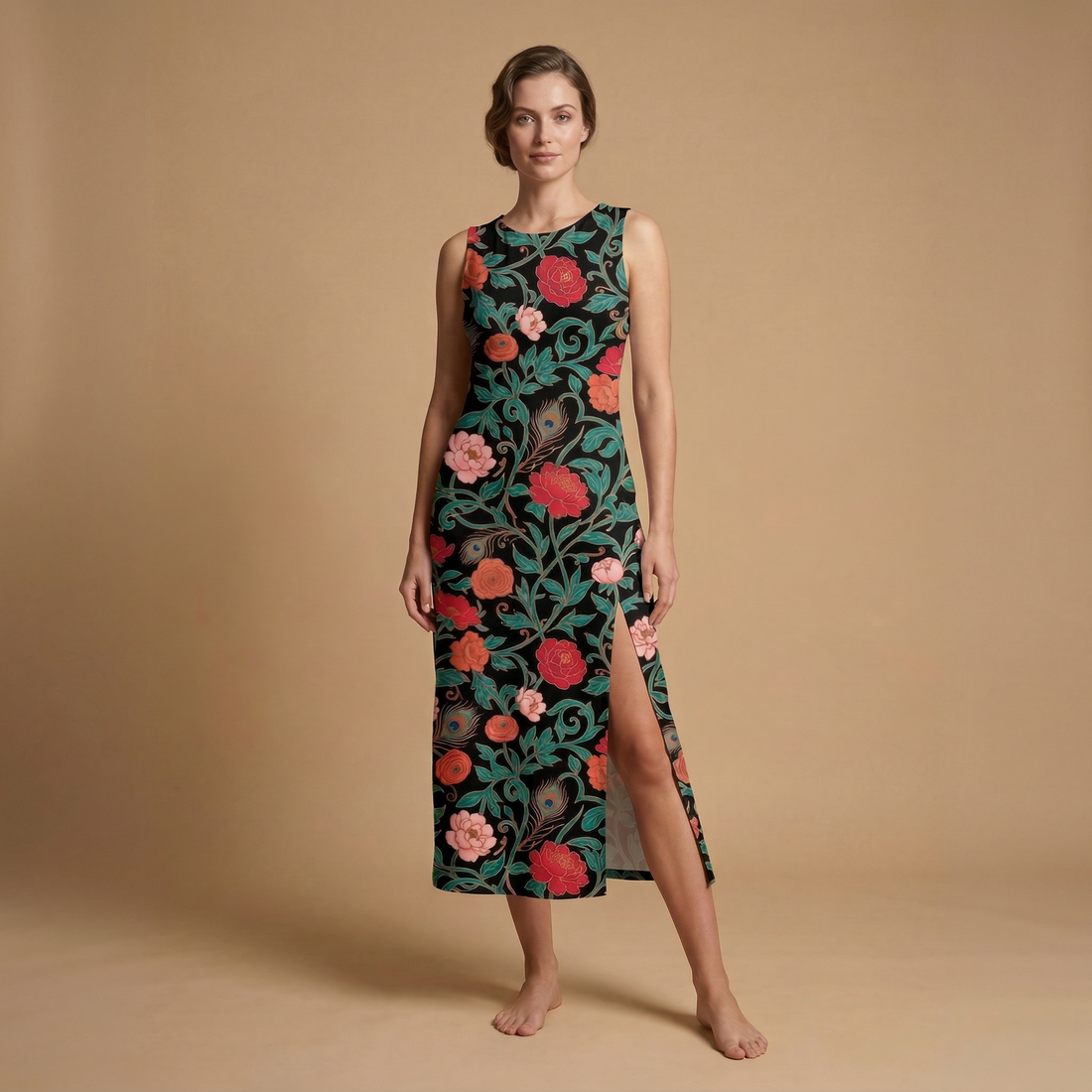 Dark Garden Tapestry Side Slit Dress | All Over Print Dark Floral Fashion — view 1