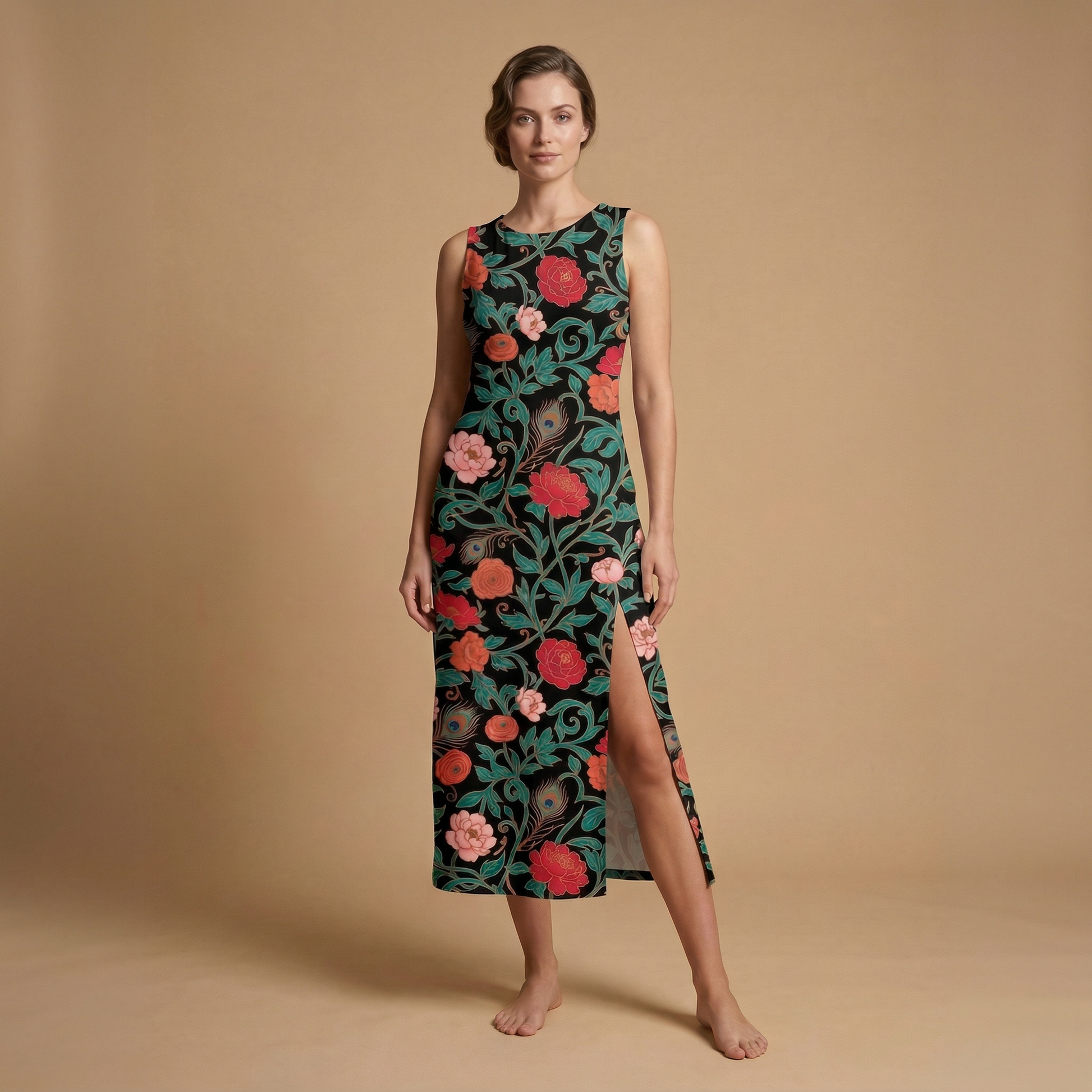 Dark Garden Tapestry Side Slit Dress | All Over Print Dark Floral Fashion — view 1