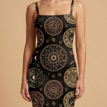 Zodiac Medallion spaghetti strap dress movement shot - celestial sublimation print dress