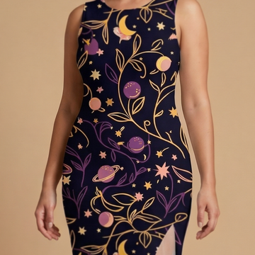 Cosmic Garden side slit dress movement shot - celestial sublimation print dress