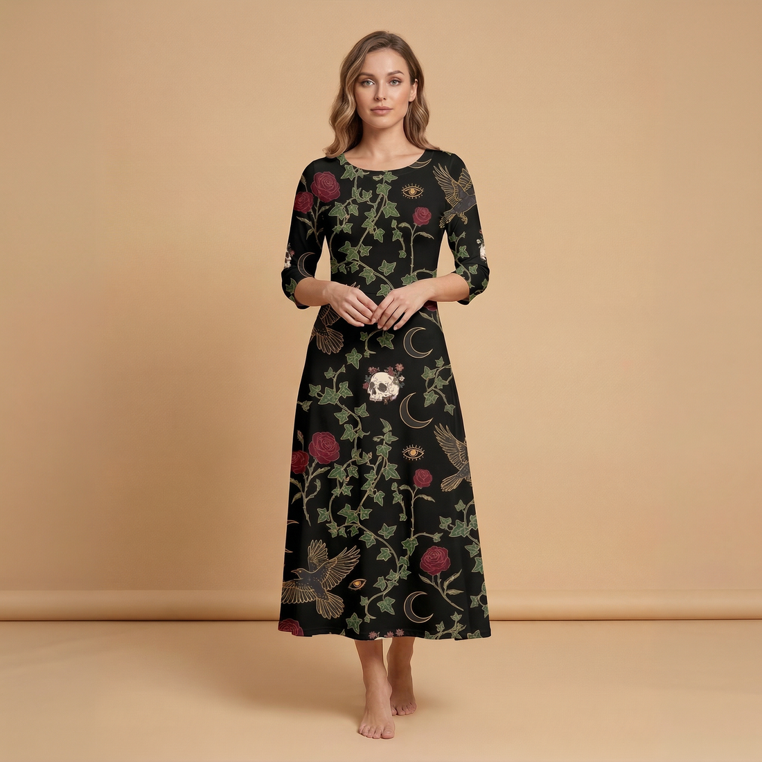 Raven & Roses 3/4 Sleeve Maxi Dress | All Over Print Whimsigoth Fashion — view 1