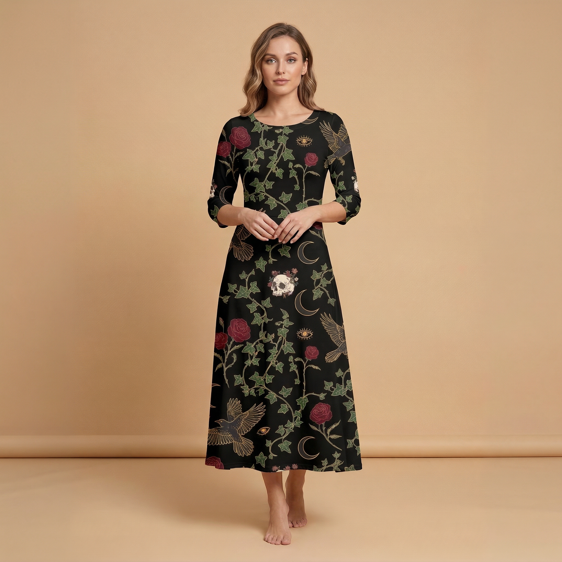 Raven & Roses 3/4 Sleeve Maxi Dress | All Over Print Whimsigoth Fashion — view 1
