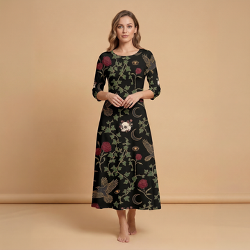 Raven & Roses 3/4 Sleeve Maxi Dress | All Over Print Whimsigoth Fashion — view 1