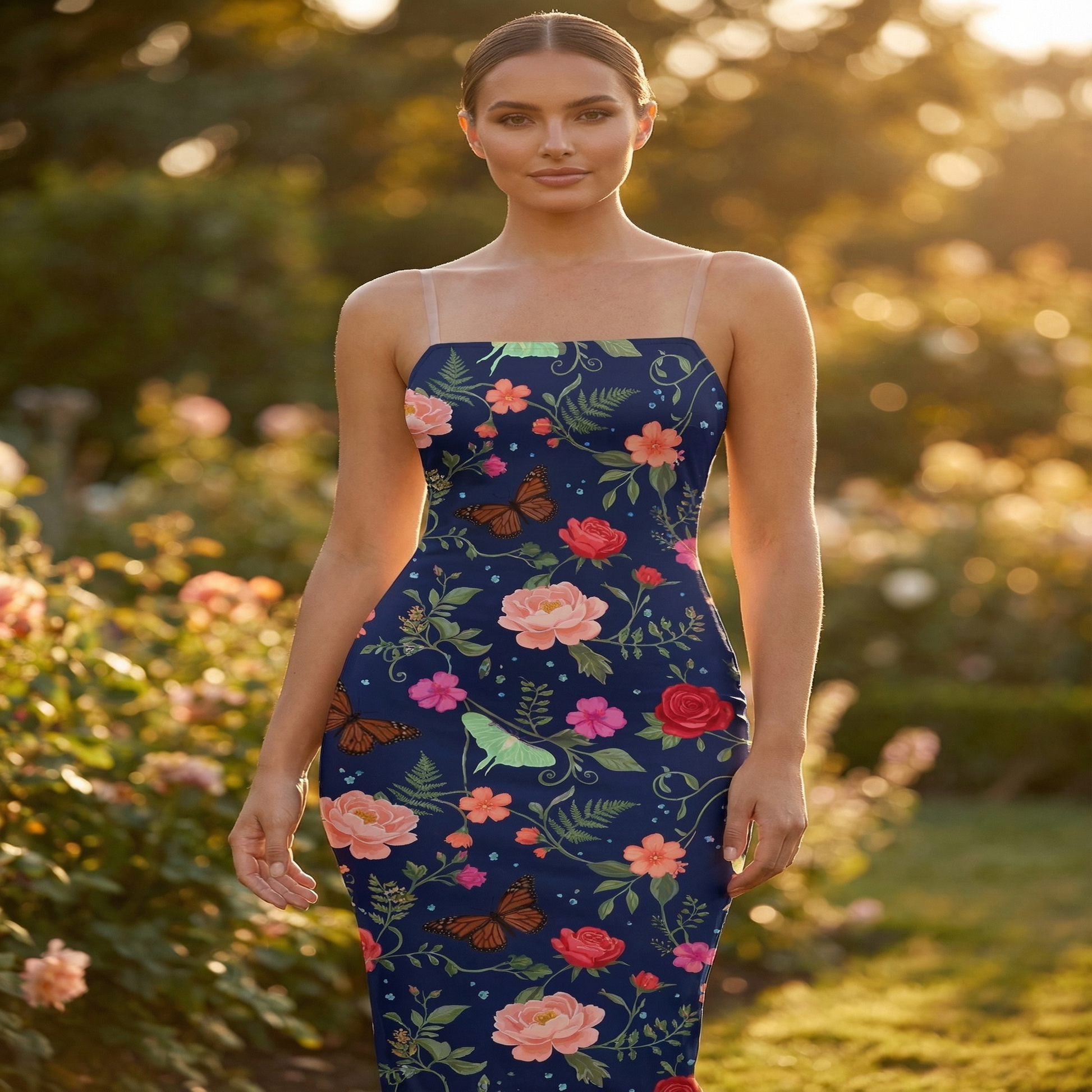 Noir Rose & Butterfly Spaghetti Strap Dress | All Over Print Dark Floral Fashion — view 4