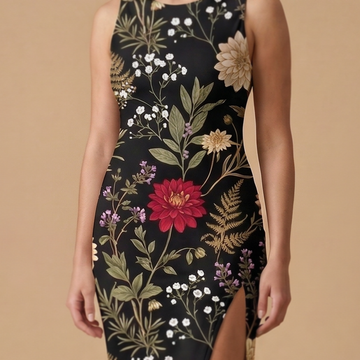 Moonlit Dahlia side slit dress movement shot - dark floral sublimation print dress