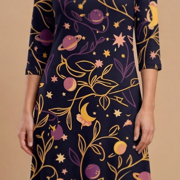 Cosmic Garden 3/4 sleeve maxi dress movement shot - celestial sublimation print dress