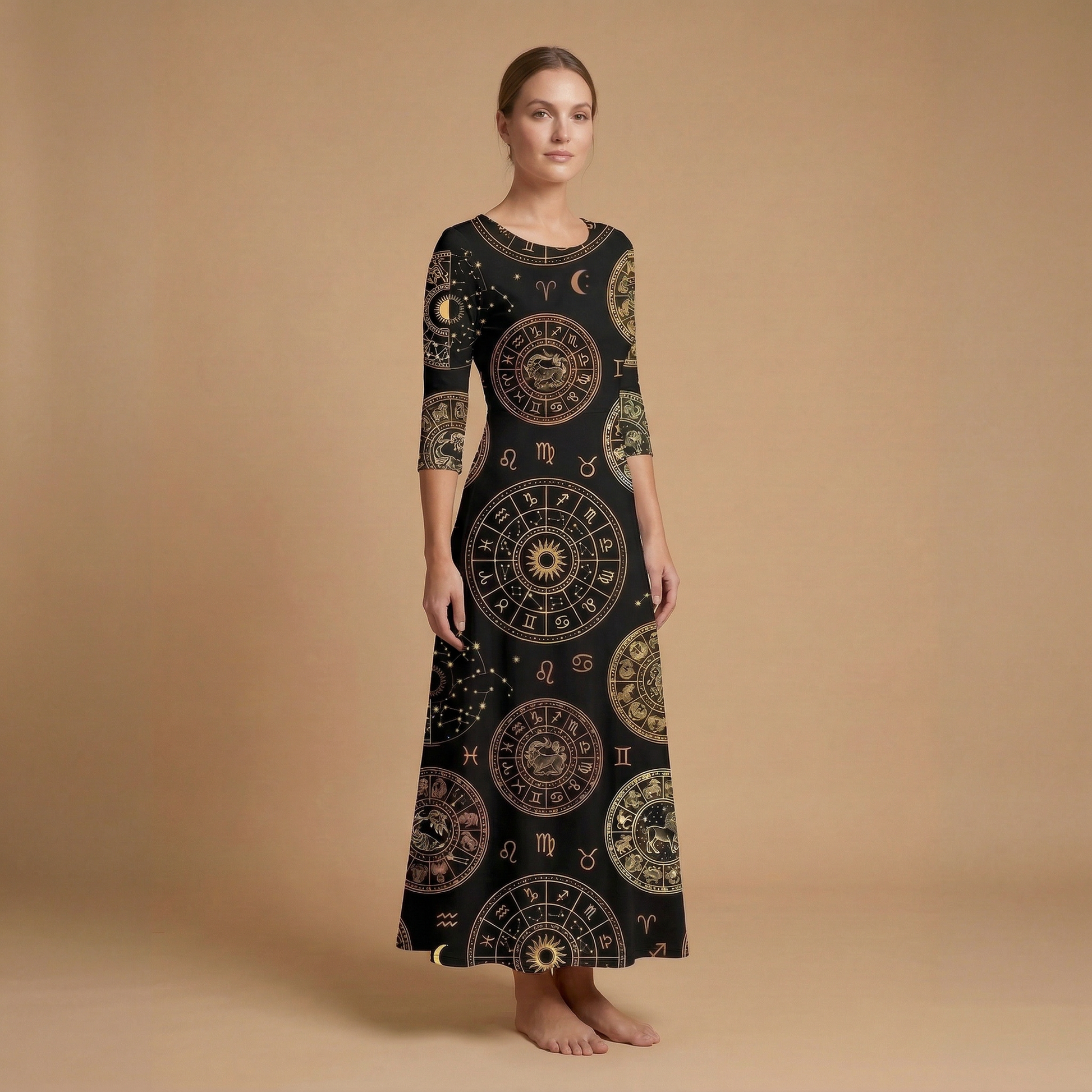 Zodiac Medallion 3/4 Sleeve Maxi Dress | All Over Print Celestial Fashion — view 3
