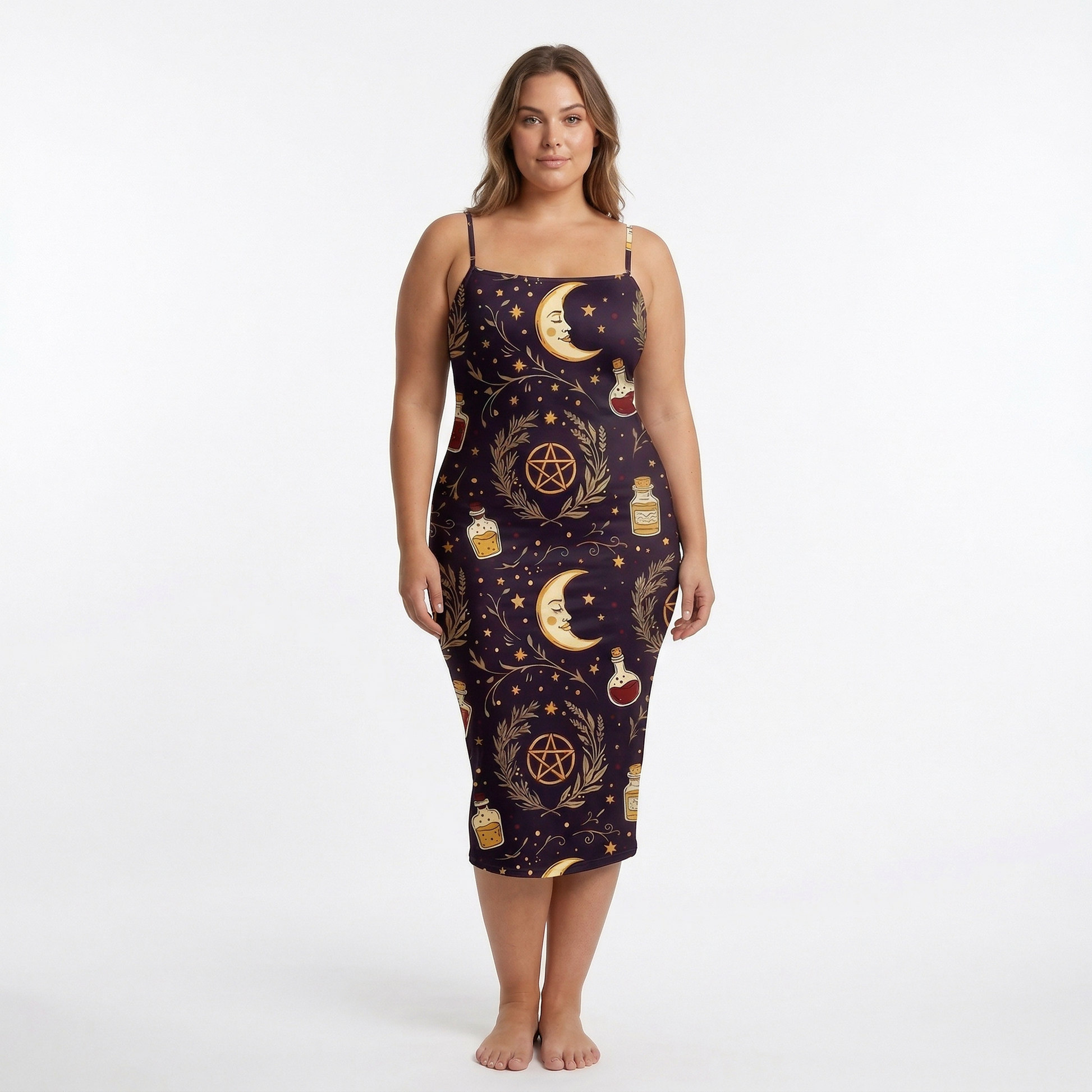 Celestial Witch Spaghetti Strap Dress | All Over Print Whimsigoth Fashion — view 6