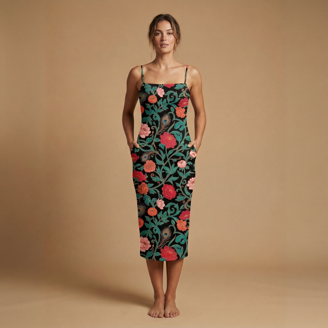 Dark Garden Tapestry Spaghetti Strap Dress | All Over Print Dark Floral Fashion — view 1