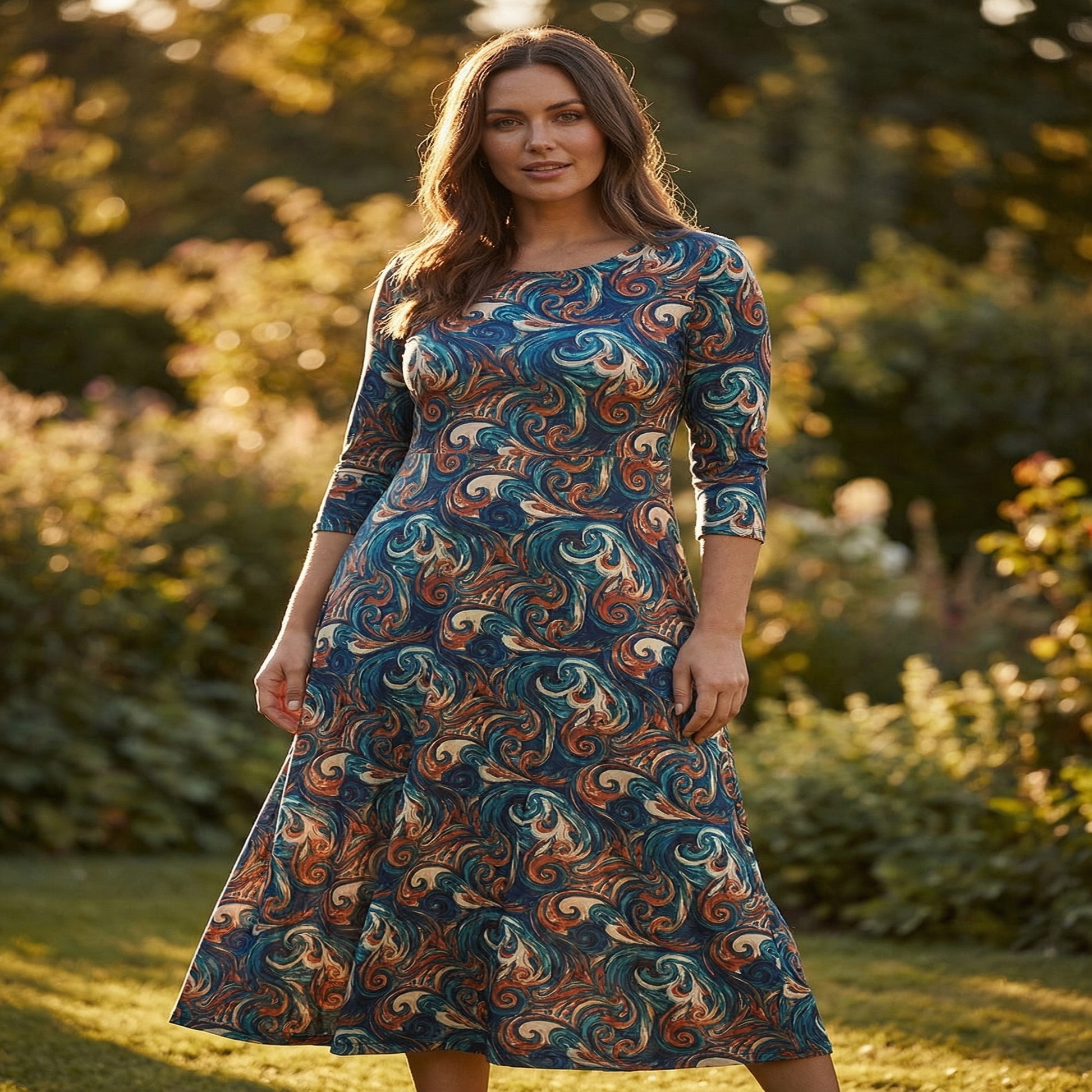Moonlit Dahlia 3/4 Sleeve Maxi Dress | All Over Print Dark Floral Fashion — view 4