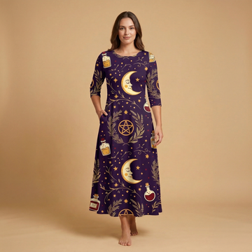 Celestial Witch 3/4 Sleeve Maxi Dress | All Over Print Whimsigoth Fashion — view 1
